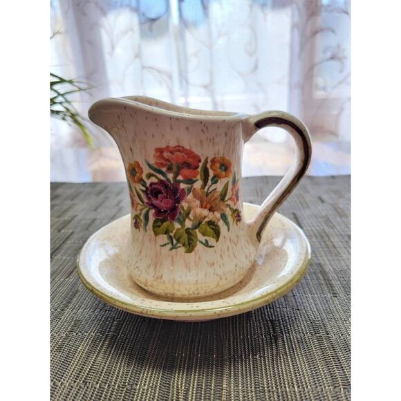 Vintage Pitcher Bowl Small Set, Speckled Cream Floral, Farmhouse Decor - Picture 3 of 8